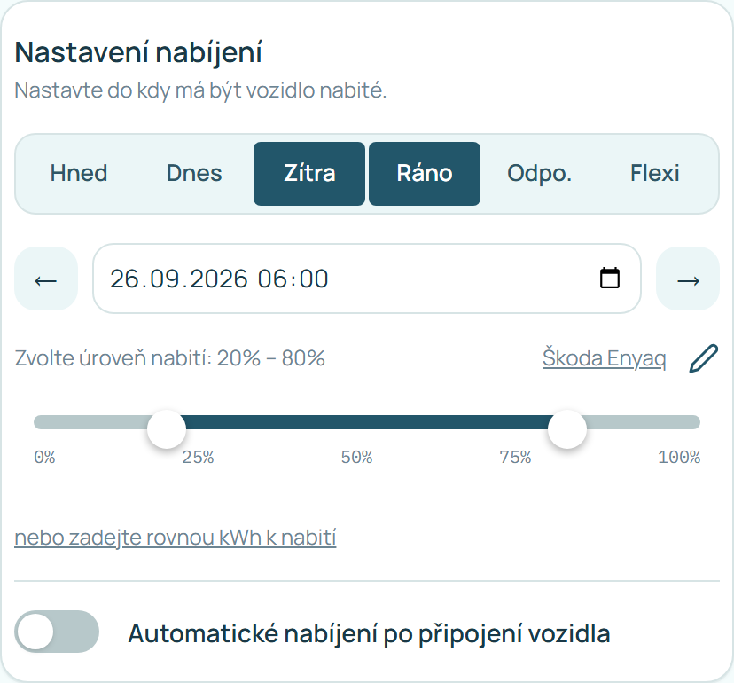 Nastavení nabíjení s vypnutým automatickým nabíjením