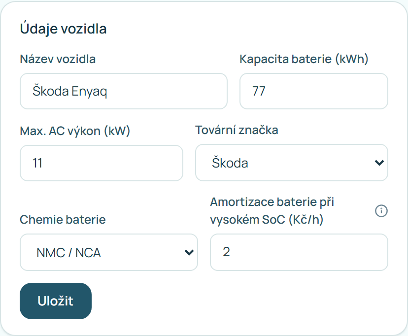 Údaje vozidla s chemií baterie a amortizací při vysokém SoC