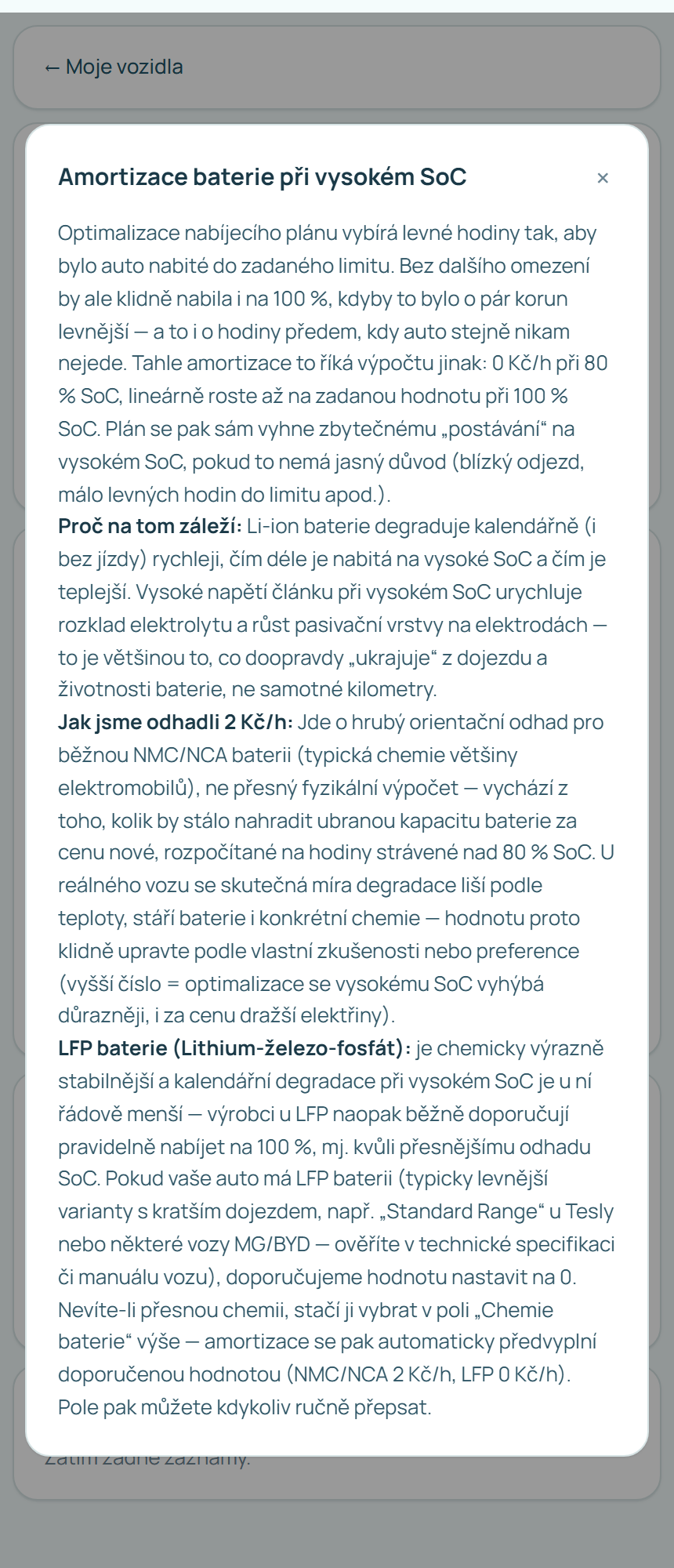 Vysvětlení amortizace baterie při vysokém SoC v aplikaci