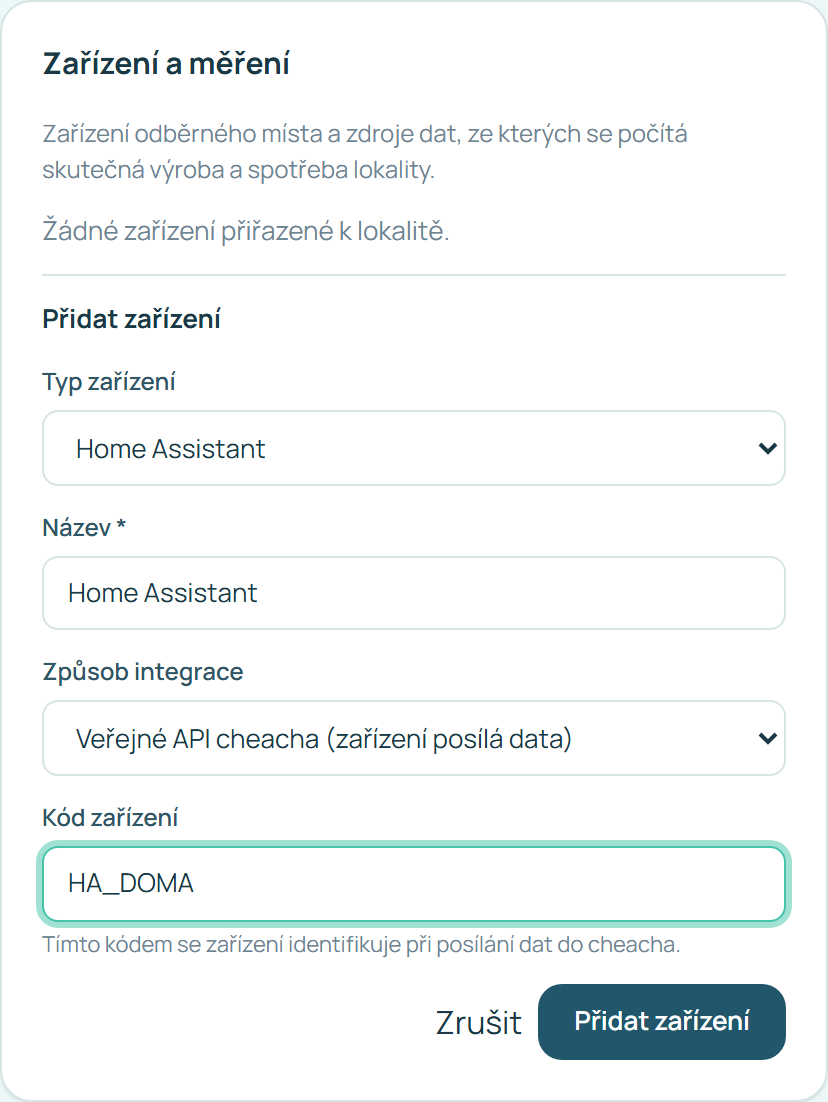 Formulář Přidat zařízení s typem Home Assistant a kódem HA_DOMA