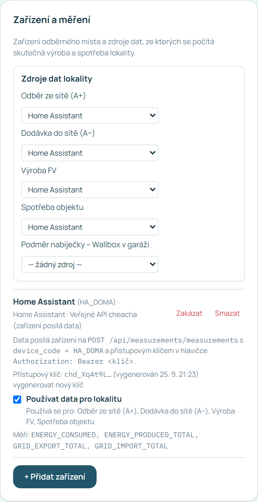 Karta Zařízení a měření se zdroji dat lokality z Home Assistantu