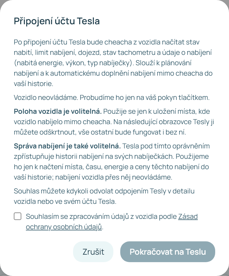 Dialog Připojení účtu Tesla s vysvětlením oprávnění a souhlasem