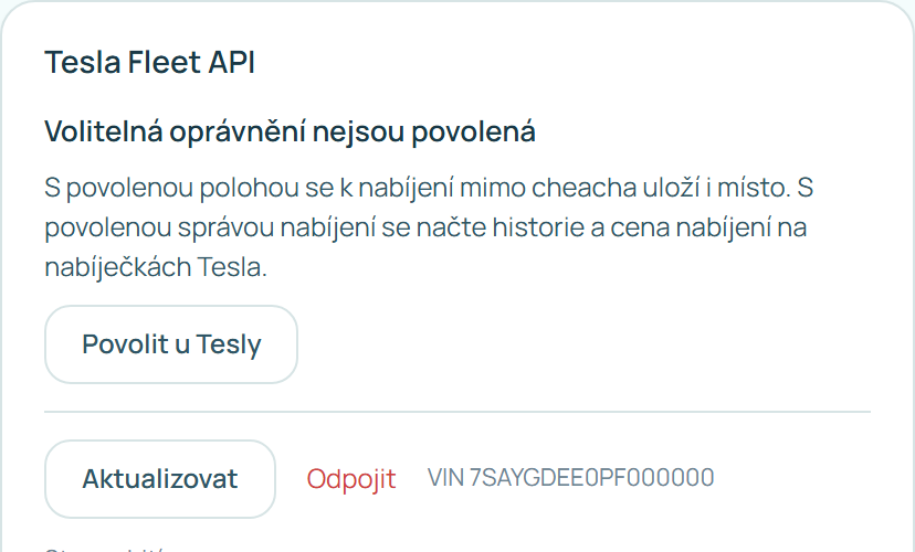 Upozornění Volitelná oprávnění nejsou povolená s tlačítkem Povolit u Tesly
