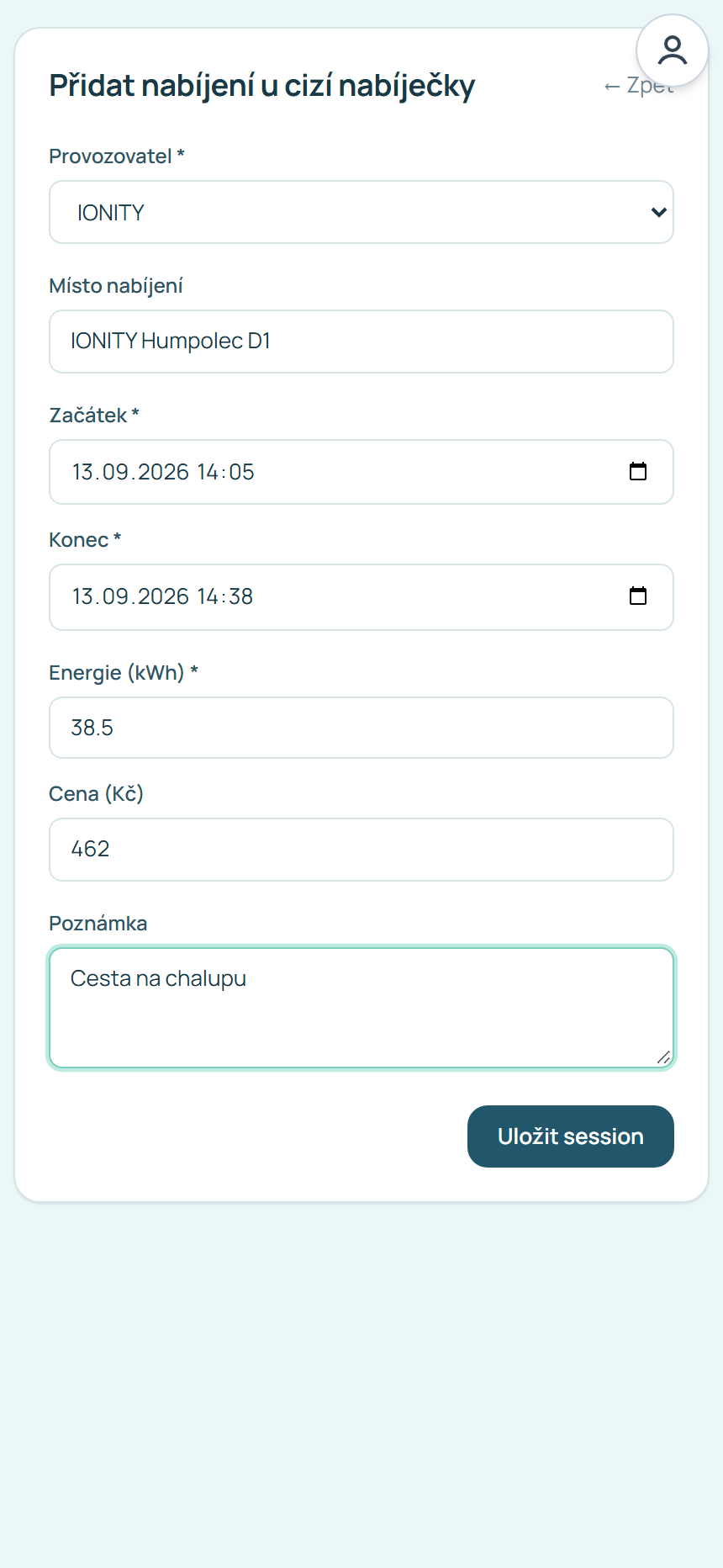 Formulář Přidat nabíjení u cizí nabíječky