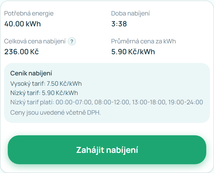 Ceník nabíjení tak, jak ho vidí řidič na stránce nabíječky