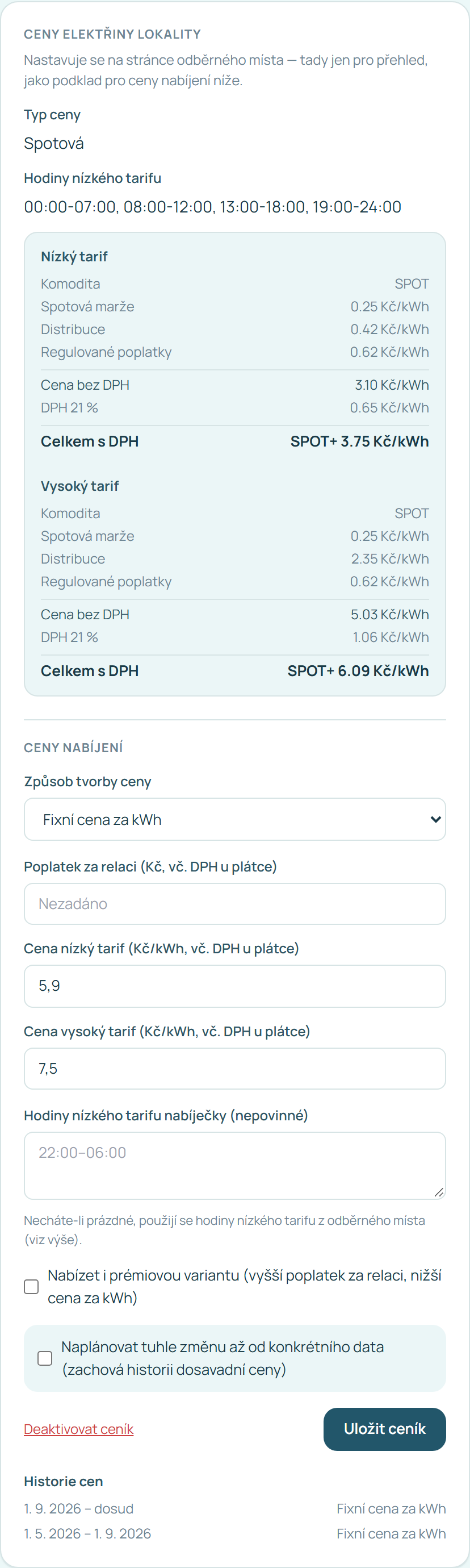Ceník nabíječky: nákladová cena lokality a nastavení ceny nabíjení