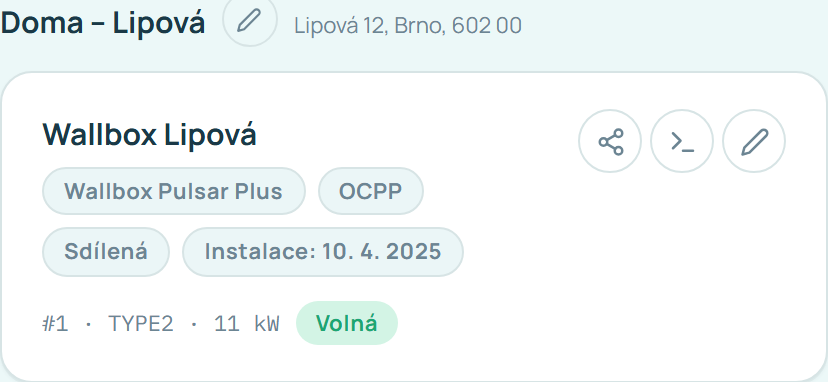 Nabíječka v přehledu Moje nabíječky s ikonou sdílení