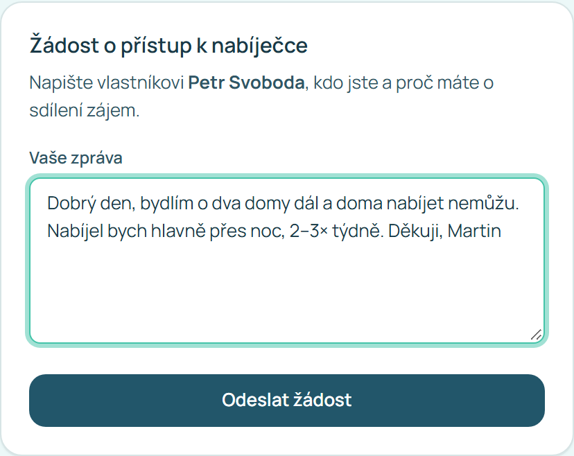 Formulář žádosti o přístup k nabíječce se zprávou pro majitele