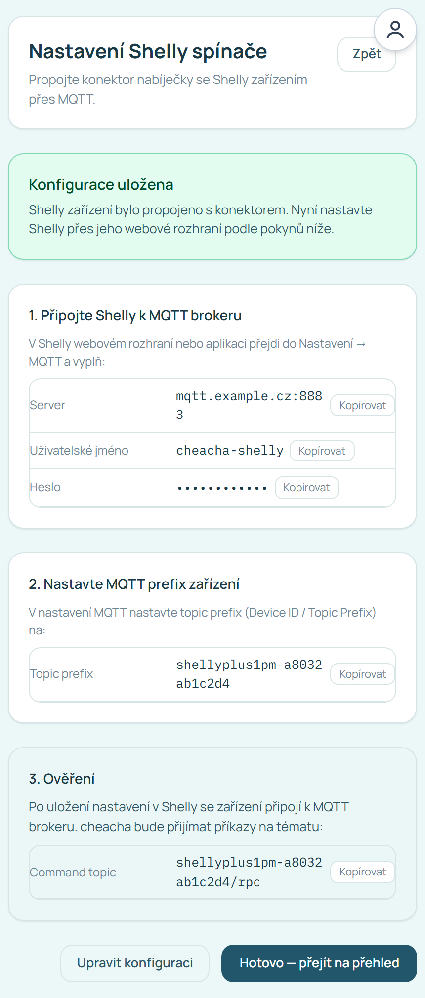 Údaje pro nastavení MQTT v Shelly