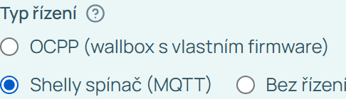 Volba typu řízení: OCPP, Shelly spínač (MQTT) nebo Bez řízení