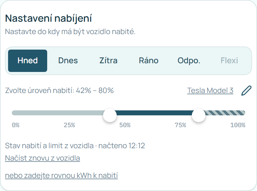Stav nabití a limit načtené z Tesly na stránce nabíječky